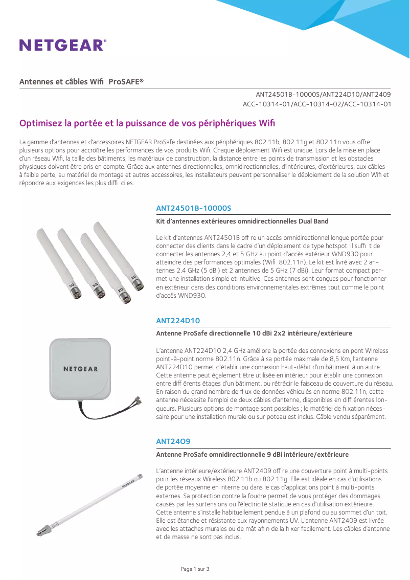 Page 1 de la notice Fiche technique Netgear ANT2405