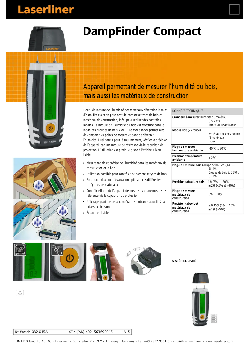 Page 1 de la notice Fiche technique Laserliner DampFinder Compact