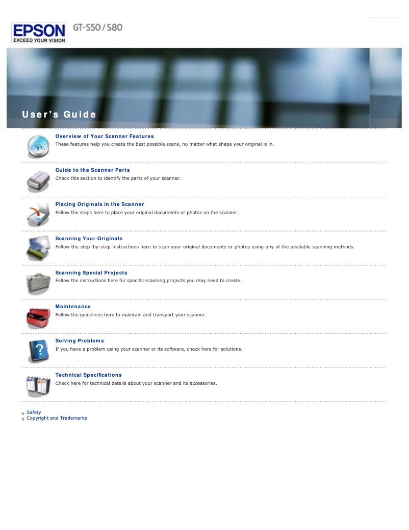 Image de la première page du manuel de l'appareil WorkForce GT-S80SE