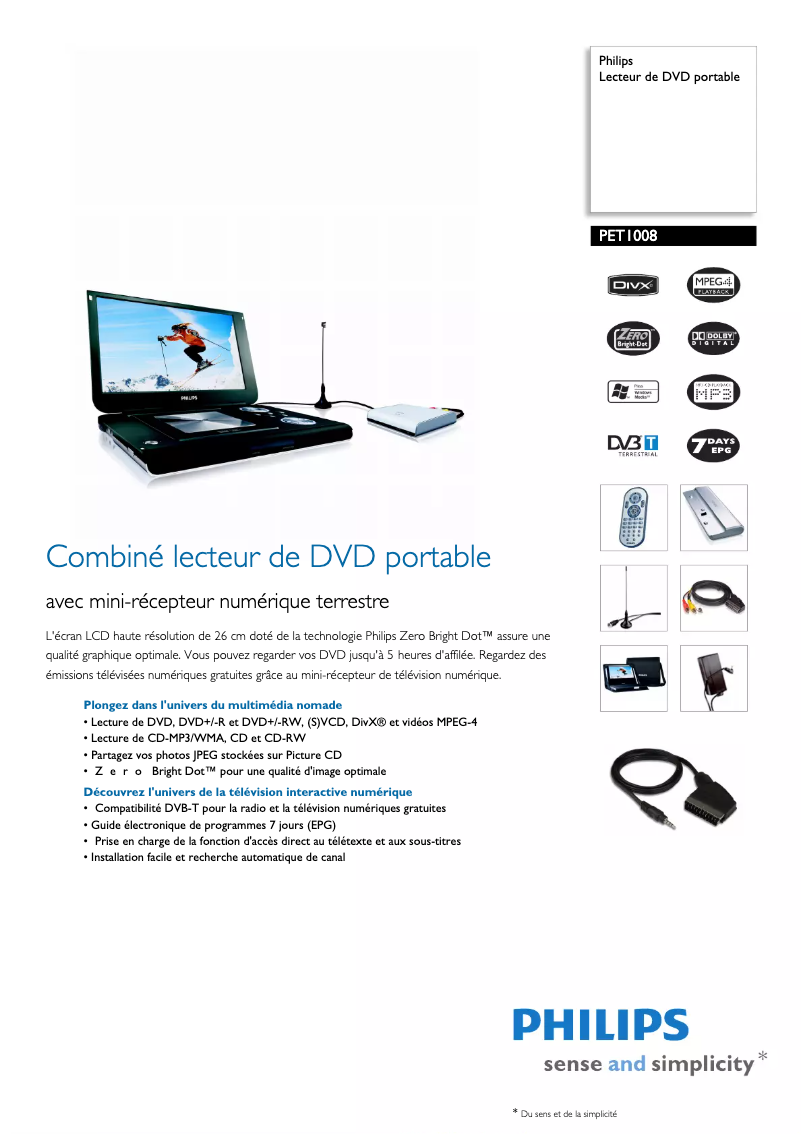 Page 1 de la notice Fiche technique Philips PET1008