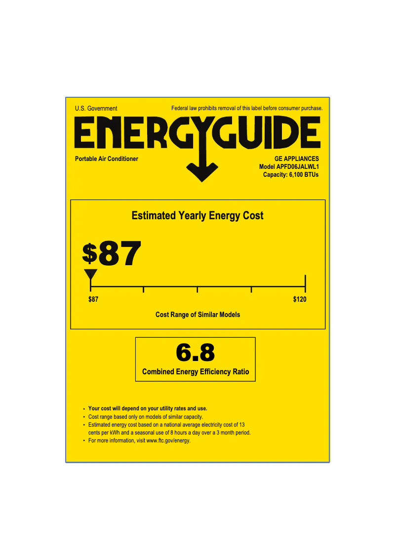 Page 1 de la notice Label énergétique GE APFD06JALW