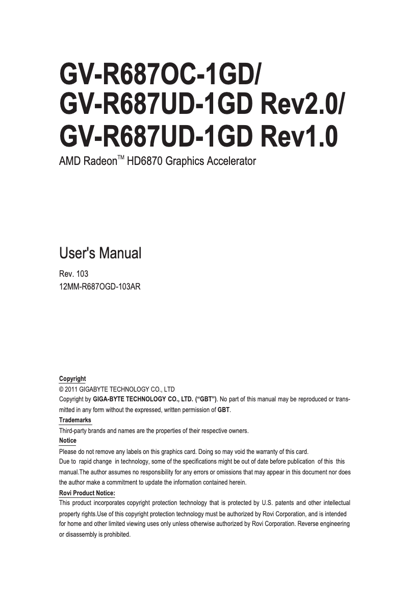 Page 1 de la notice Manuel utilisateur Gigabyte Radeon HD 6870