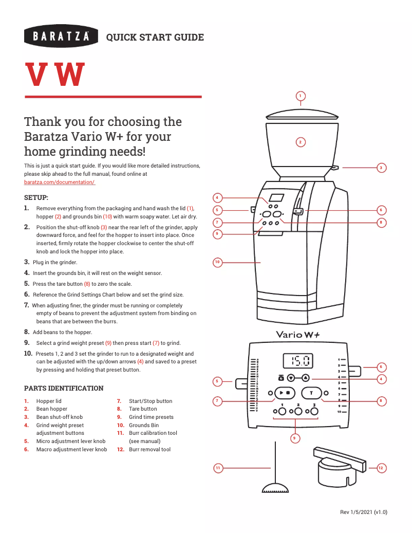 Page n°1 - Guide de démarrage rapide Baratza Vario W+