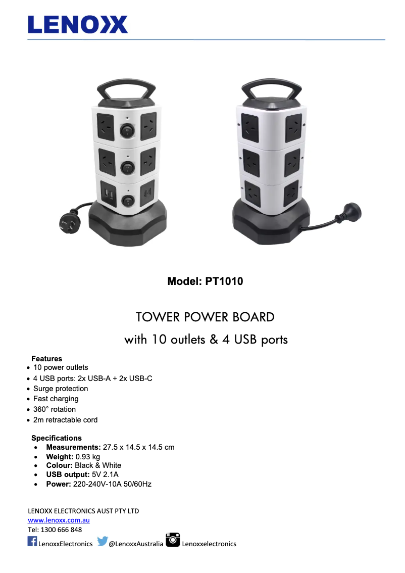 Page 1 de la notice Fiche technique Lenoxx PT1010
