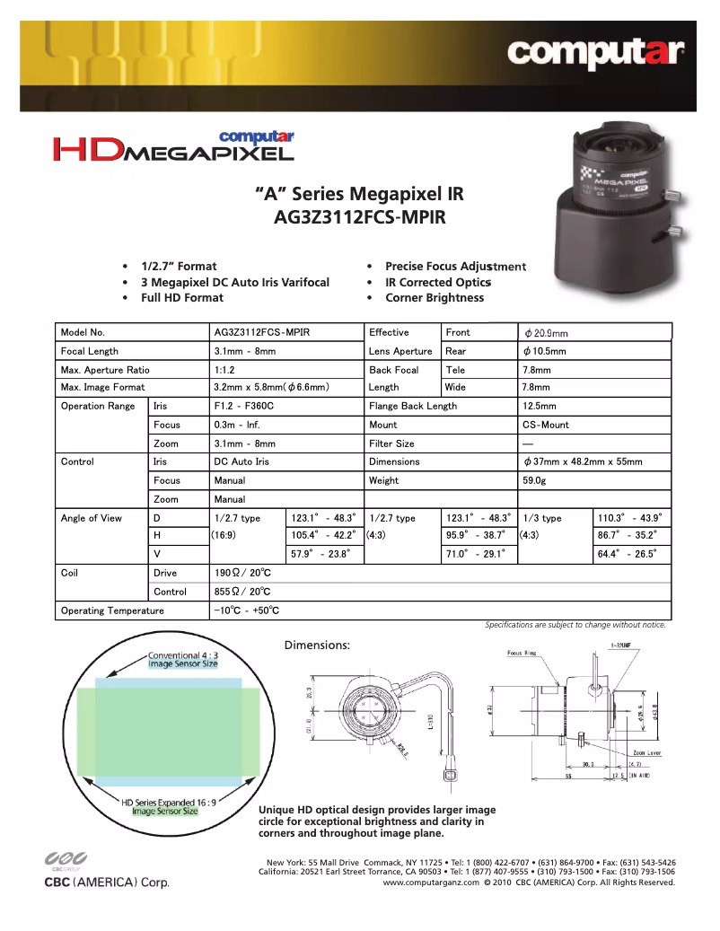 Page n°1 - Manuel utilisateur Computar AG3Z3112FCS-MPIR