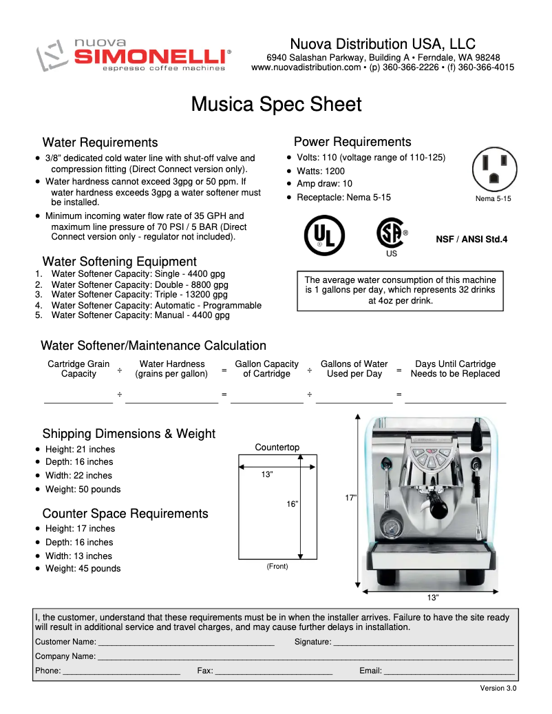 Page n°1 - Fiche technique Nuova Simonelli Musica