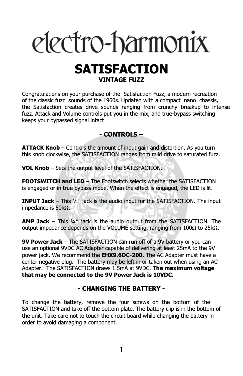 Page 1 de la notice Manuel utilisateur Electro Harmonix Satisfaction