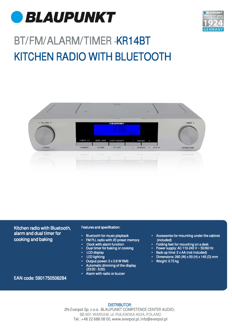 Page 1 de la notice Fiche technique Blaupunkt KR14BT