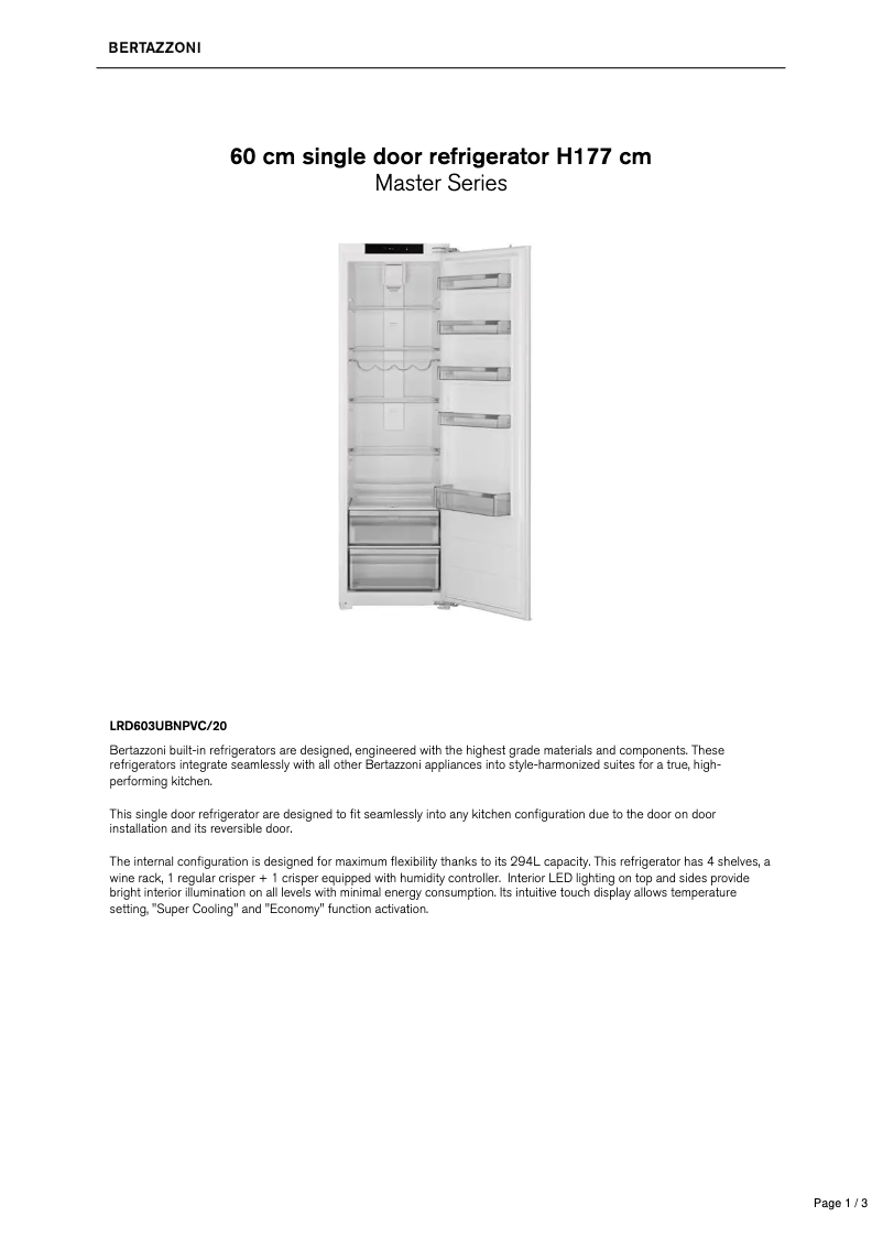 Page 1 de la notice Fiche technique Bertazzoni LRD603UBNPVC/20