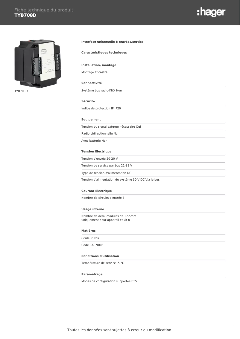 Page 1 de la notice Fiche technique Hager TYB708D