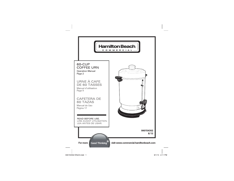 Page 1 de la notice Manuel utilisateur Hamilton Beach D50065