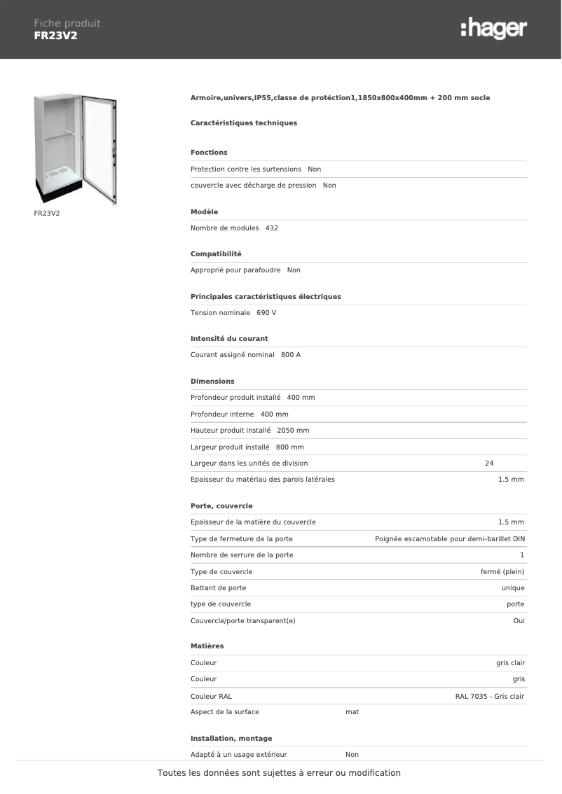 Page 1 de la notice Fiche technique Hager FR23V2