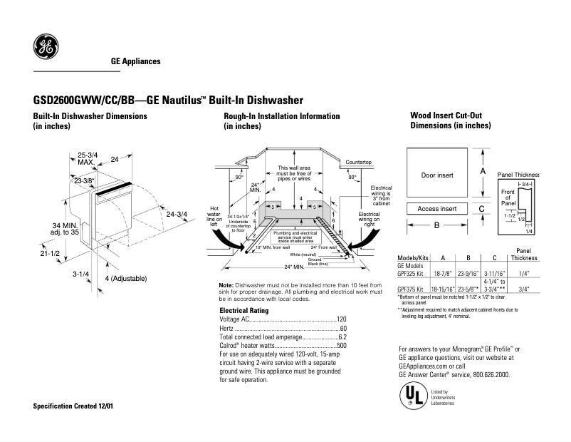 Page 1 de la notice Fiche technique GE GSD2600GBB