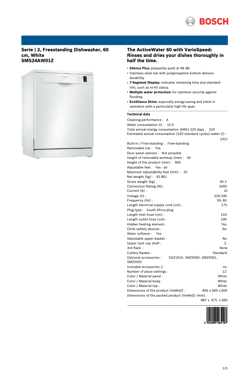 Page 1 de la notice Fiche technique Bosch SMS24AW01Z
