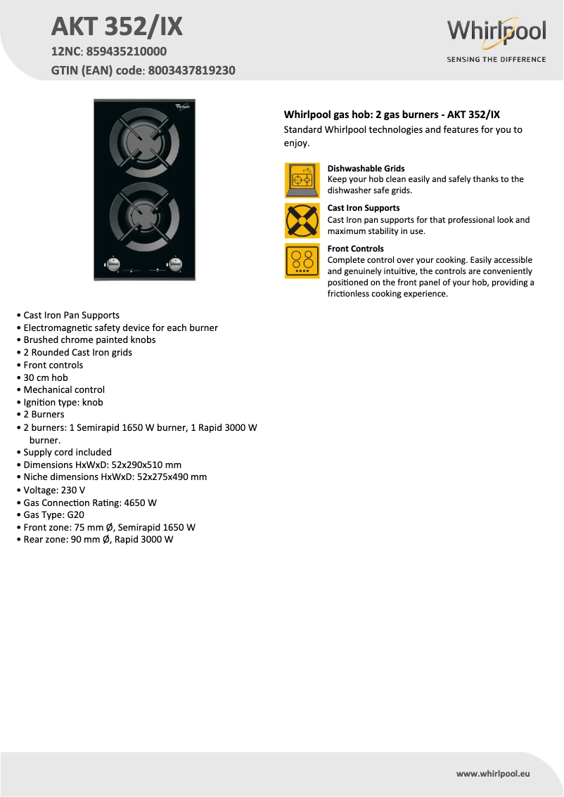 Page 1 de la notice Manuel utilisateur Whirlpool AKT 352/IX