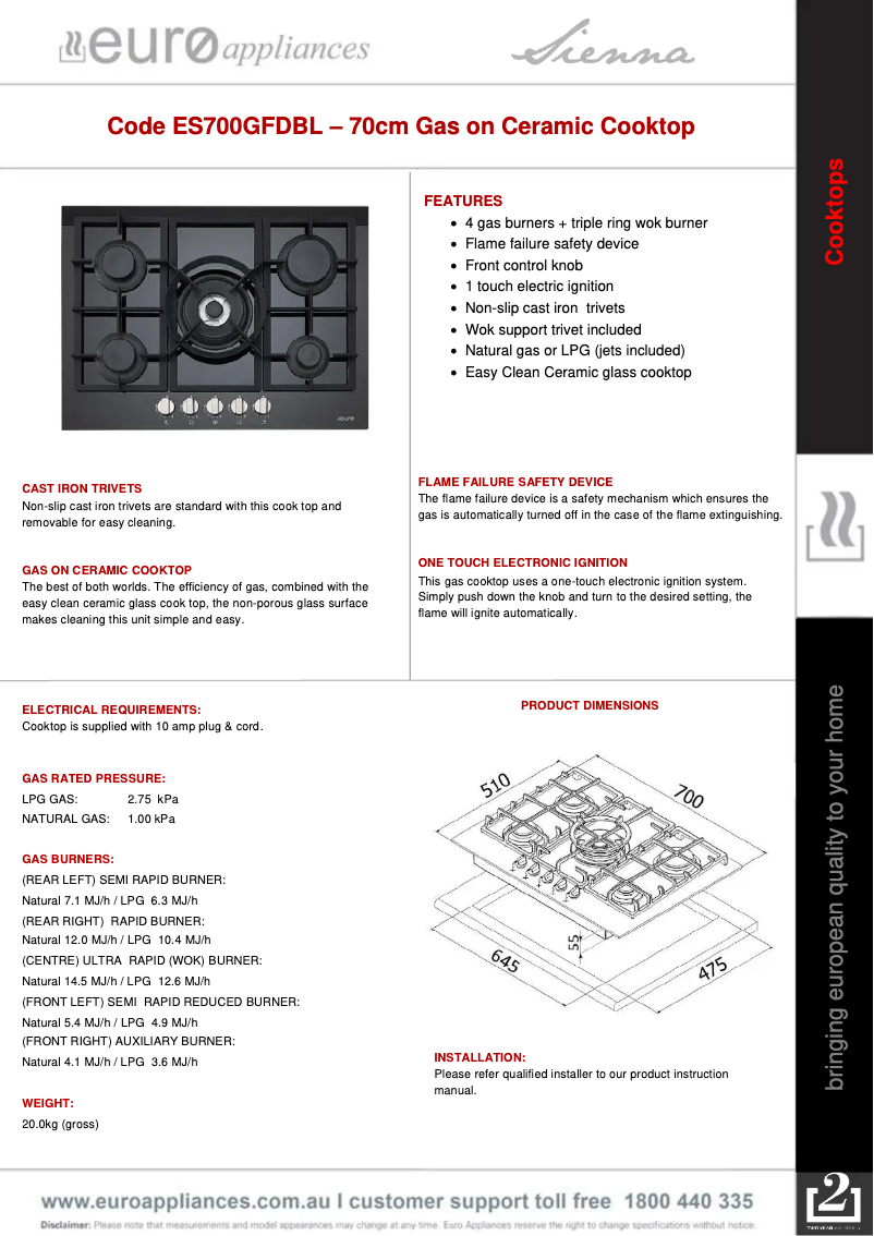 Page n°1 - Fiche technique Euro Appliances ES700GFDBL