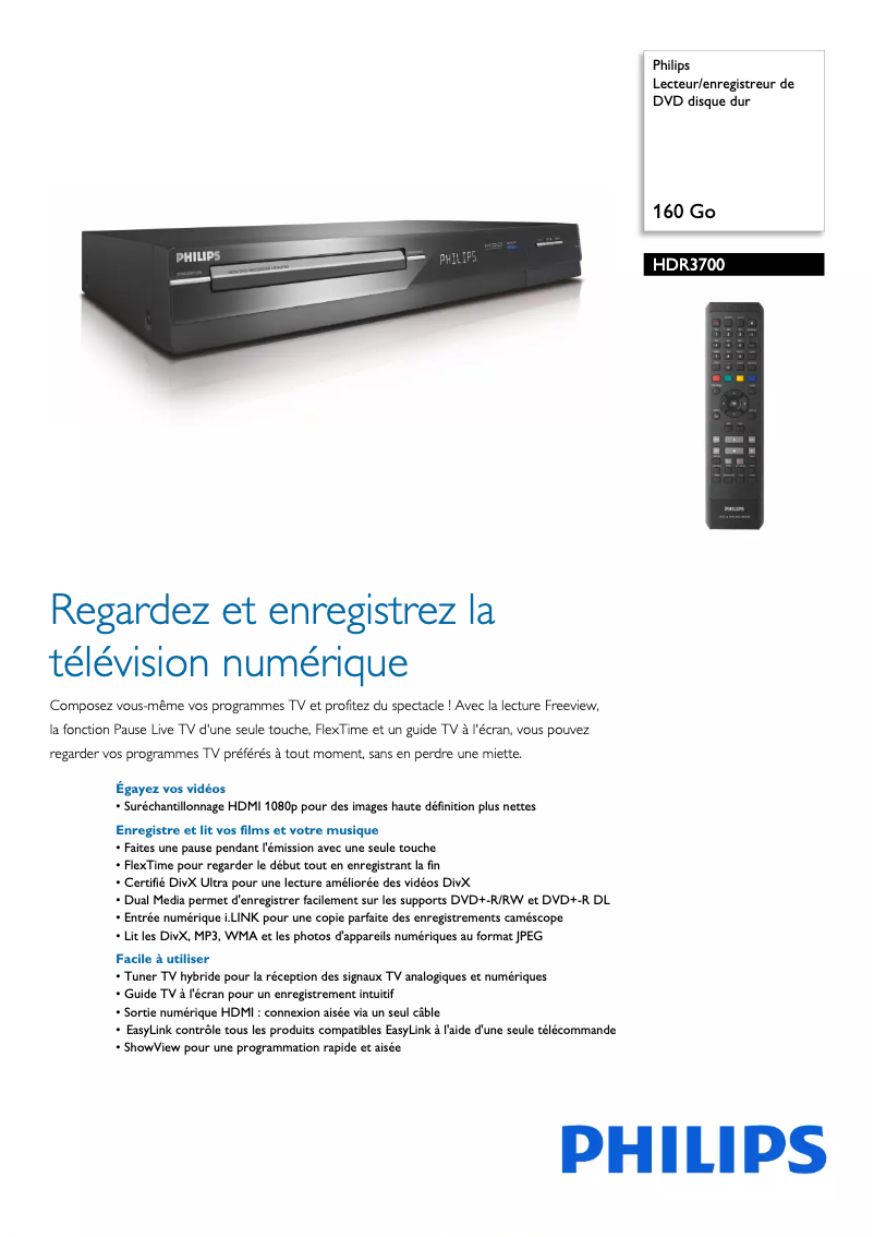 Page 1 de la notice Fiche technique Philips HDR3700