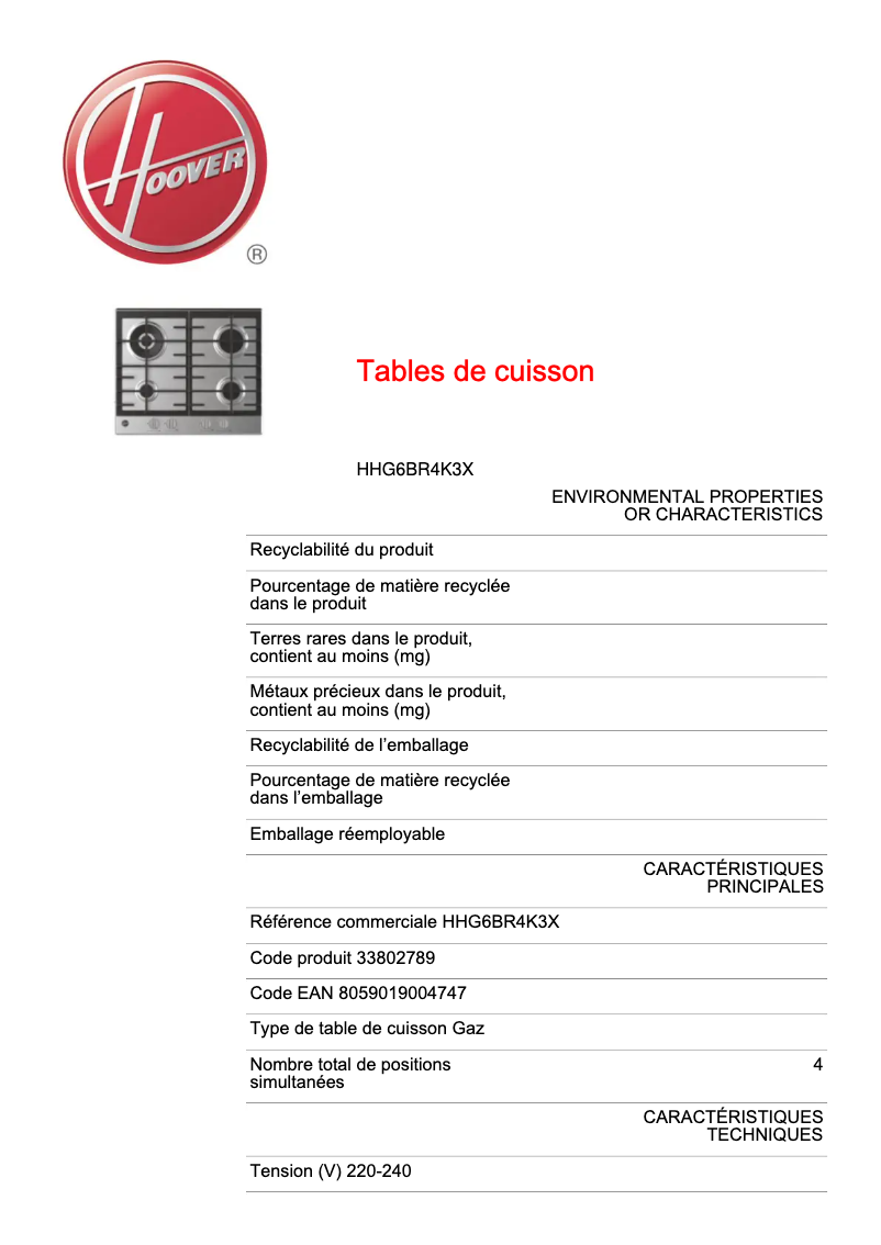 Página 1 del manual Ficha técnica Hoover H-HOB 300 HG6BR4K3X