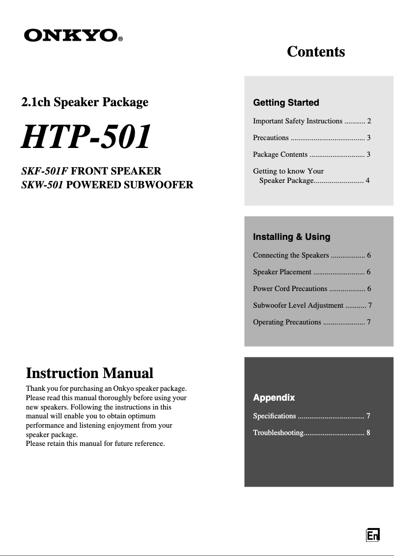 Page 1 de la notice Manuel utilisateur Onkyo HTP-501