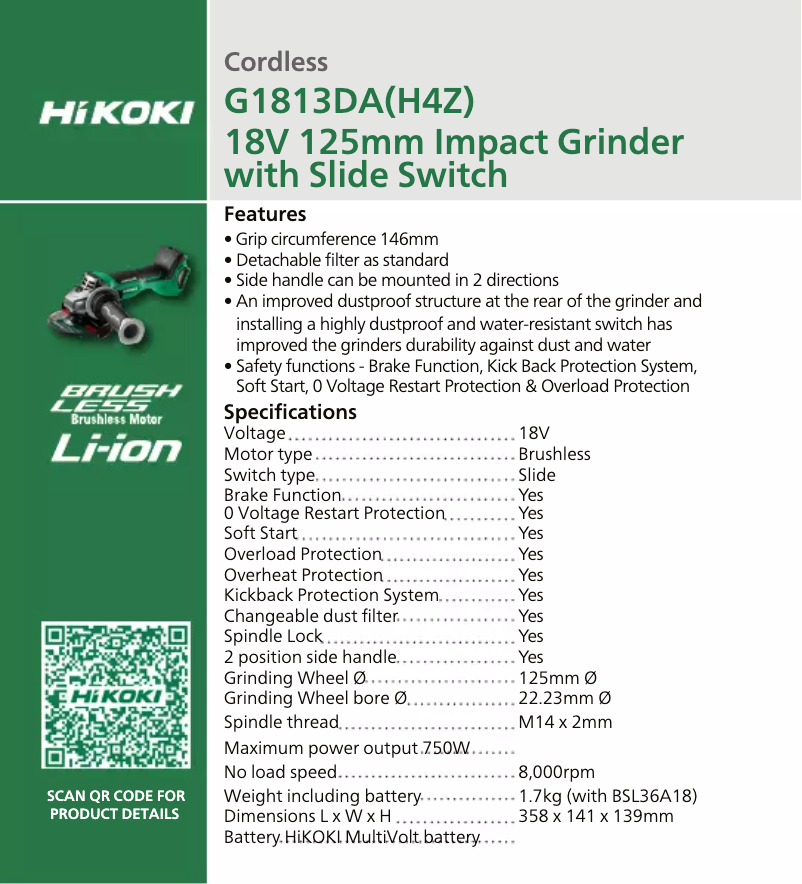 Page 1 de la notice Fiche technique HiKOKI G1813DA