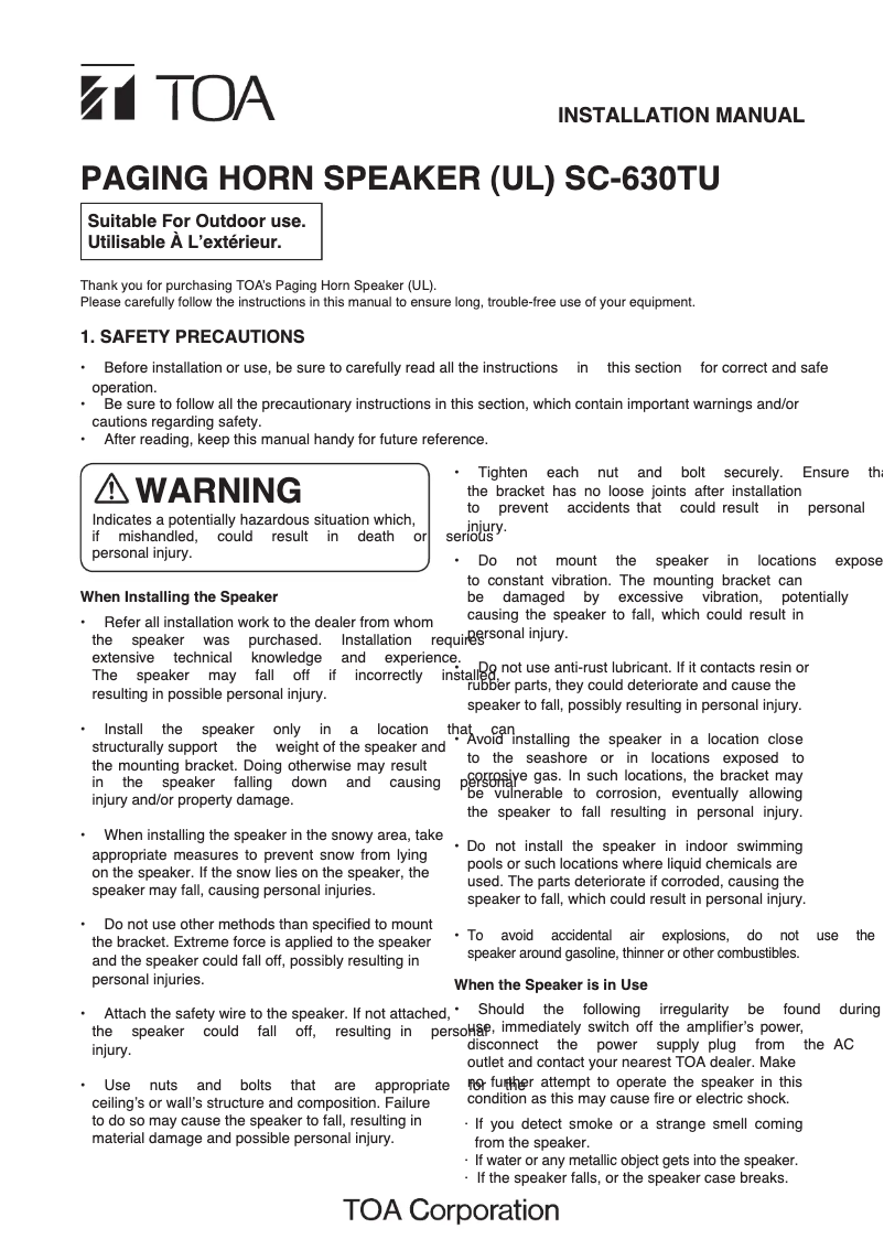 Page 1 de la notice Manuel utilisateur TOA SC-630TU