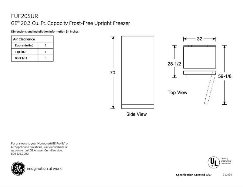 Page n°1 - Fiche technique GE FUF20SURWW