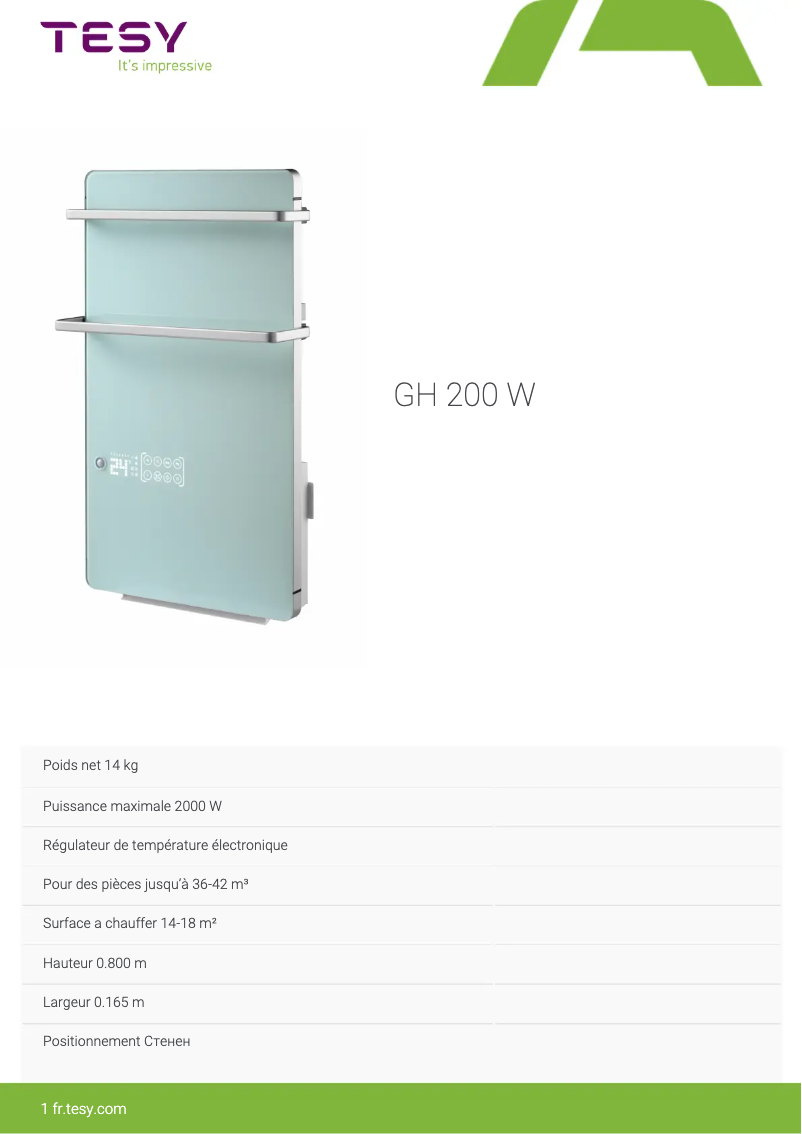 Page 1 de la notice Manuel utilisateur Tesy GH 200 W