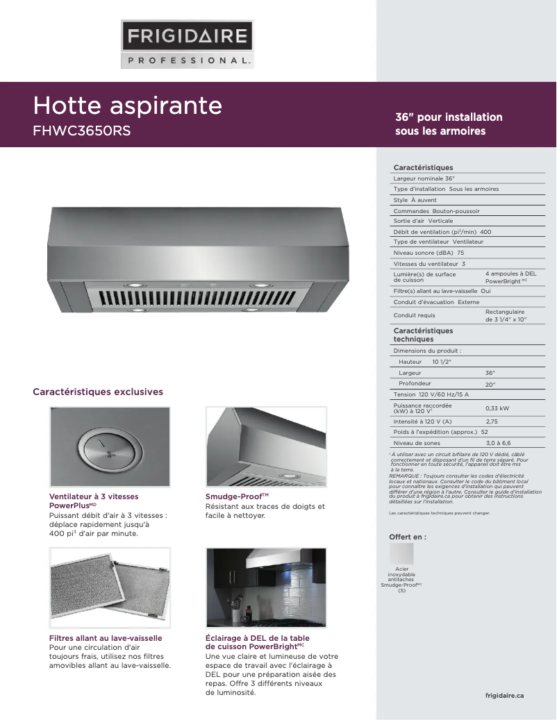 Page 1 of the manual Technical Sheet Frigidaire FHWC3650RS