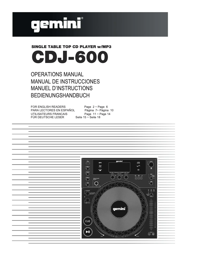 Page n°1 - Manuel utilisateur Gemini CDJ-600