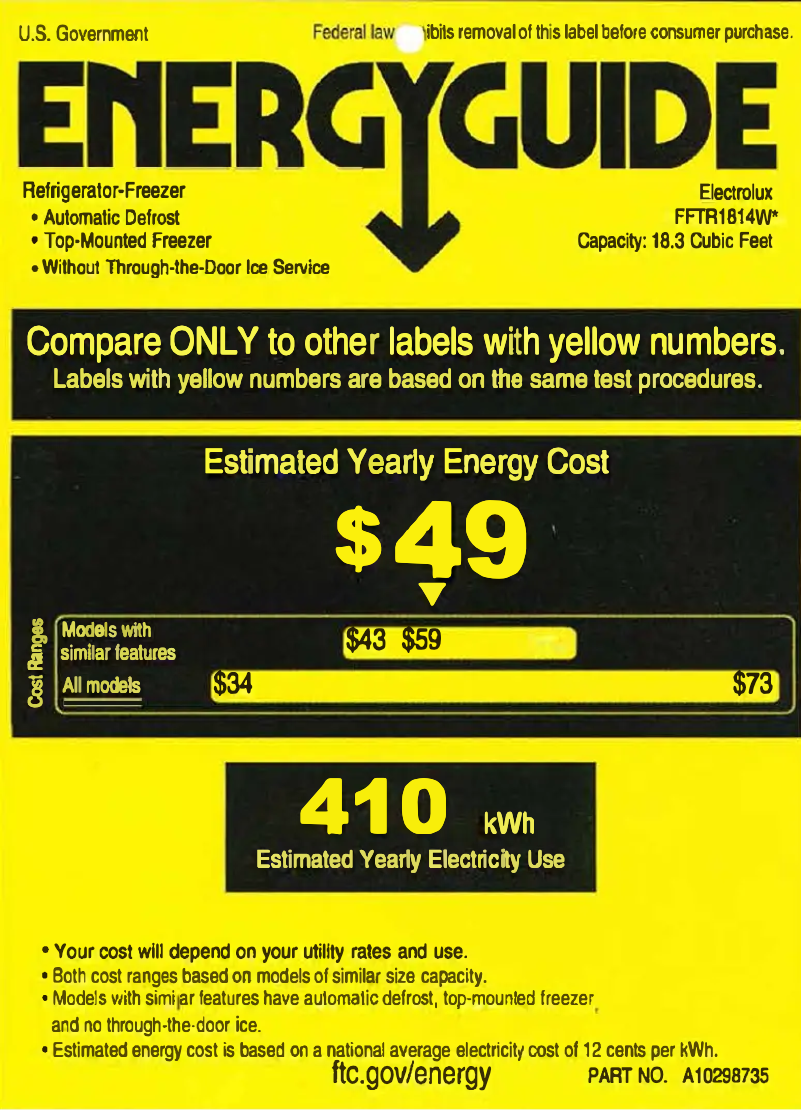 Page 1 de la notice Label énergétique Frigidaire FFTR1814WW