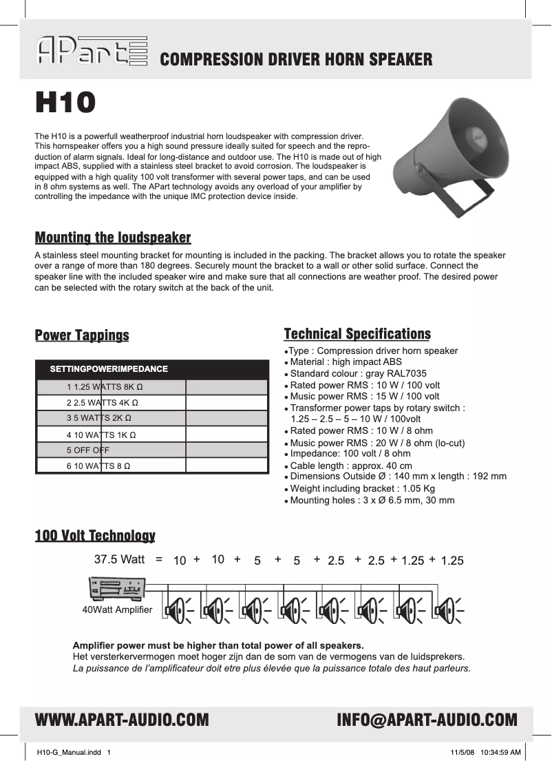 Page n°1 - Manuel utilisateur APart H10-G