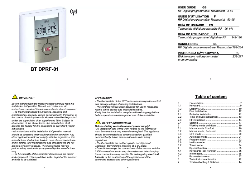 Image de la première page du manuel de l'appareil BT DPRF-01