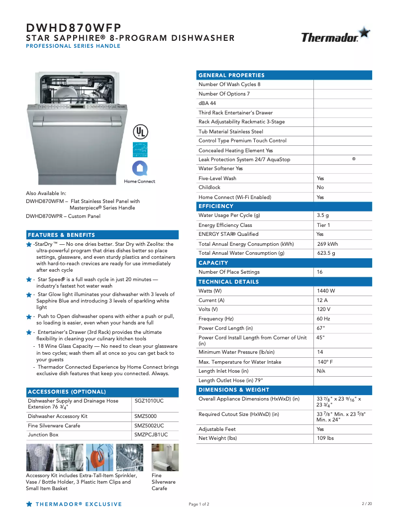 Page n°1 - Fiche technique Thermador DWHD870WFP