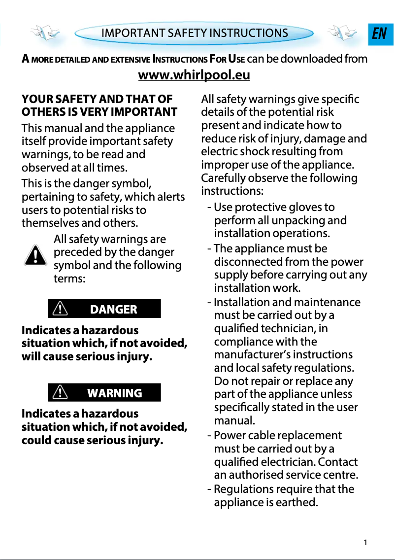 Page 1 de la notice Instructions / montage Whirlpool AMW 494