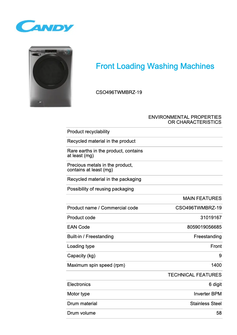 Page 1 de la notice Fiche technique Candy CSO496TWMBRZ-19