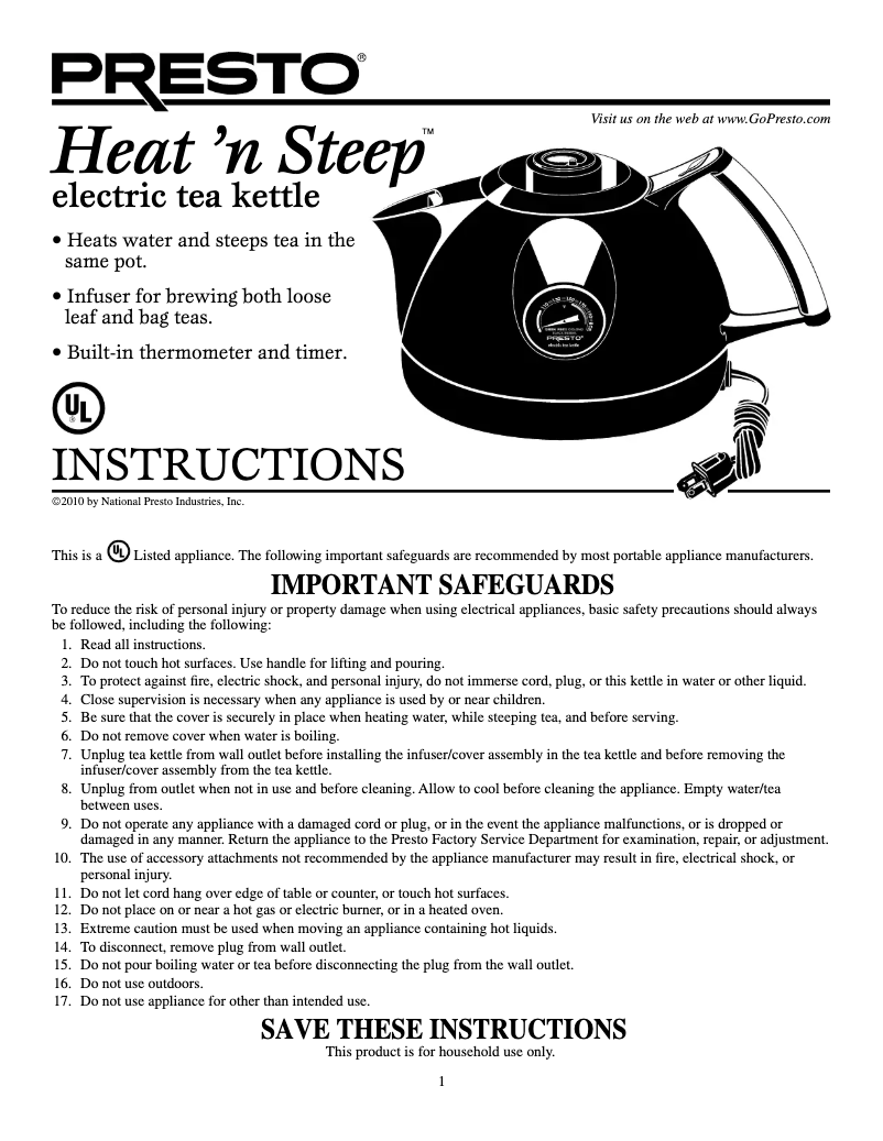 Page 1 de la notice Manuel utilisateur Presto Heat ’n Steep