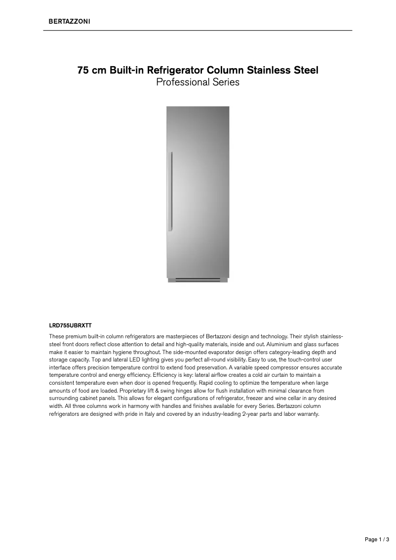 Page 1 de la notice Fiche technique Bertazzoni LRD755UBRXTT