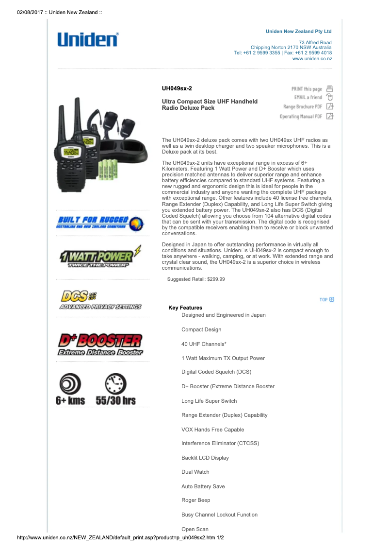 Page 1 de la notice Manuel utilisateur Uniden UH049SX