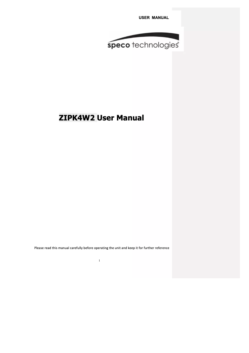 Page 1 de la notice Manuel utilisateur Speco Technologies ZIPK4W2