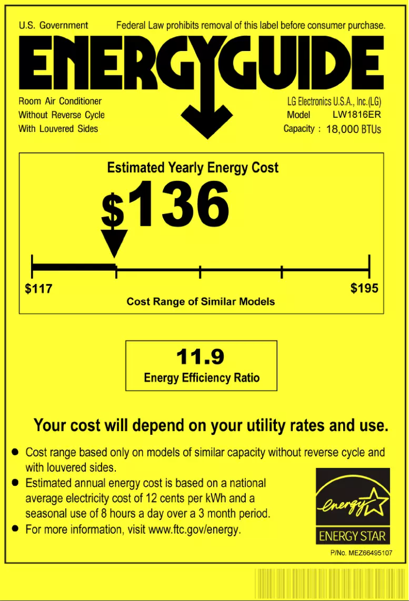 Page 1 de la notice Label énergétique LG LW1816ER