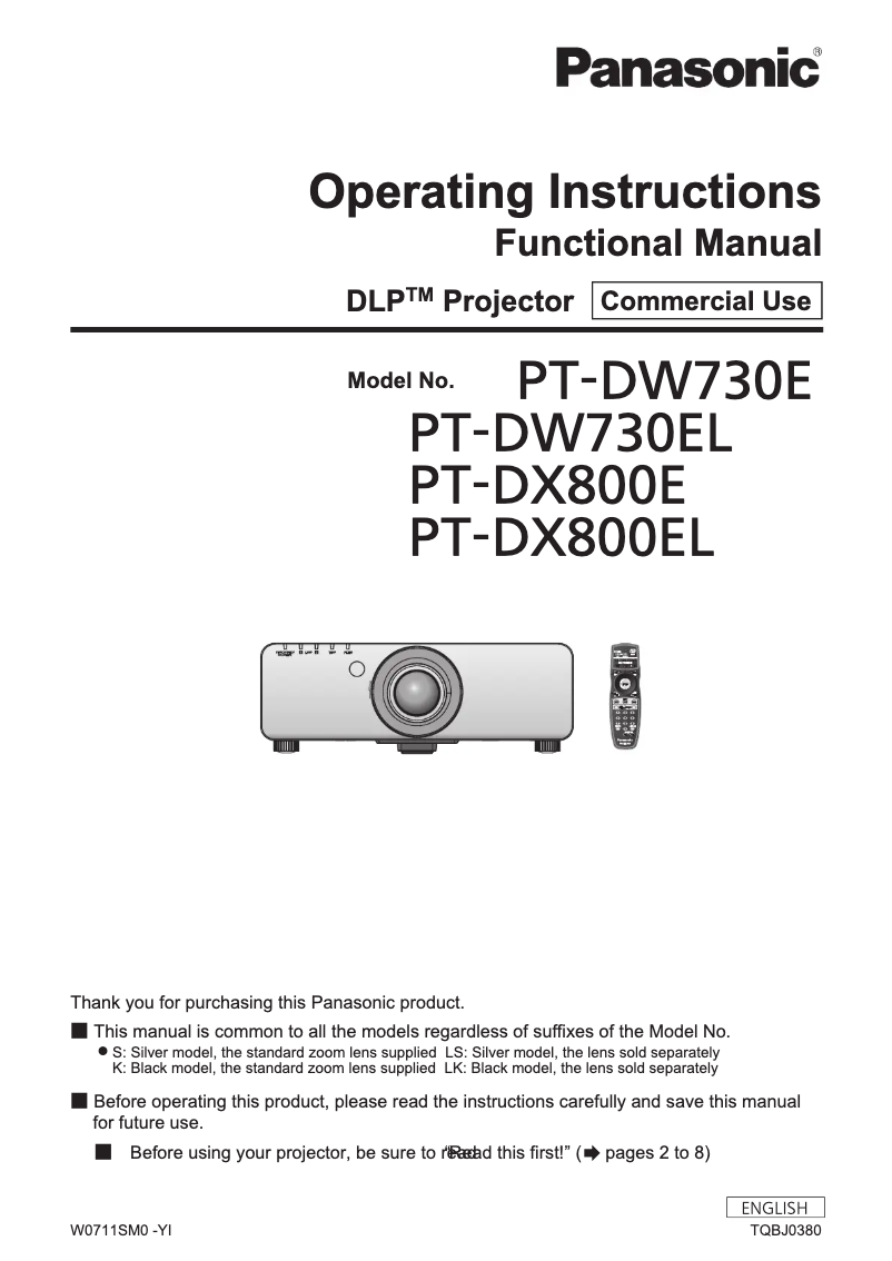 Page 1 de la notice Manuel utilisateur Panasonic PT-DW730E