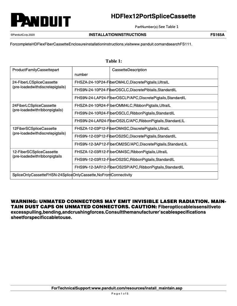 Page n°1 - Manuel utilisateur Panduit FHS9N-12-3AR