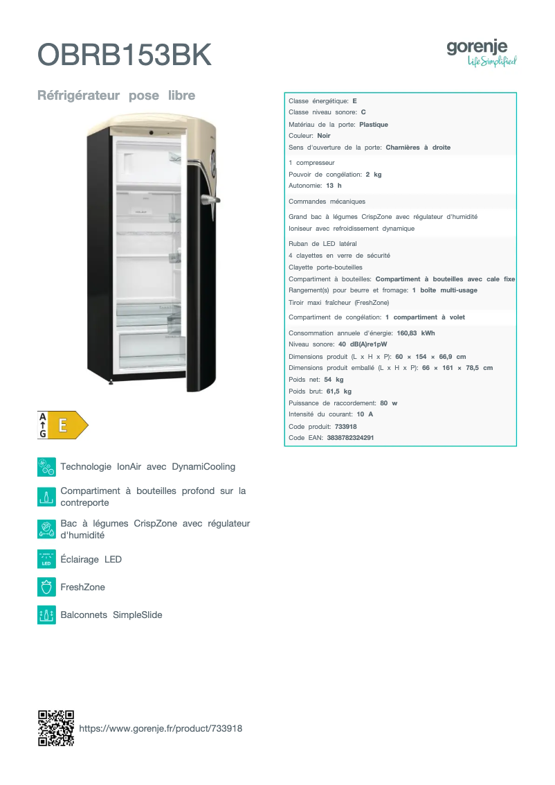 Page n°1 - Fiche technique Gorenje OBRB153BK