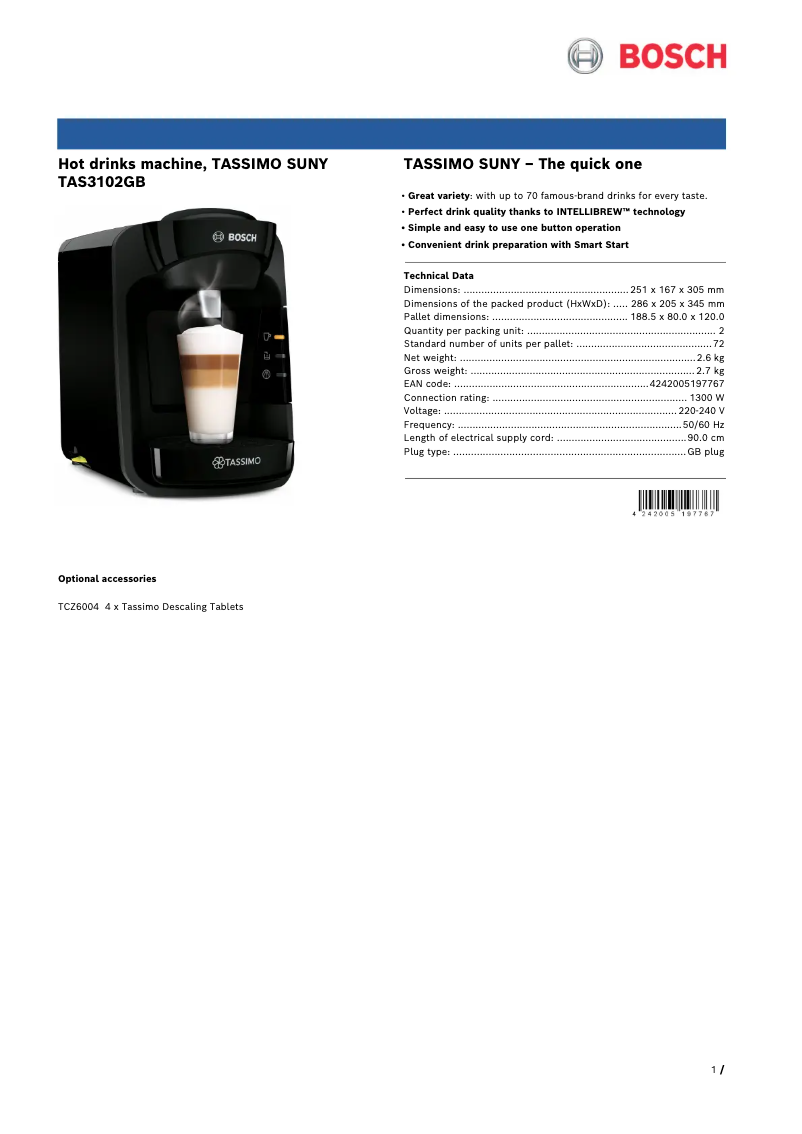 Page n°1 - Fiche technique Bosch Tassimo Suny TAS3102