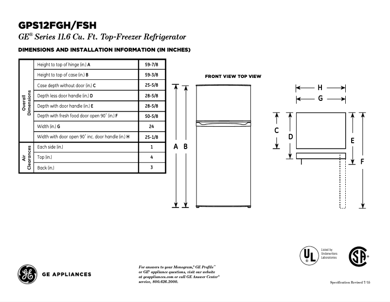 Página 1 del manual Ficha técnica GE GPS12FGHWW