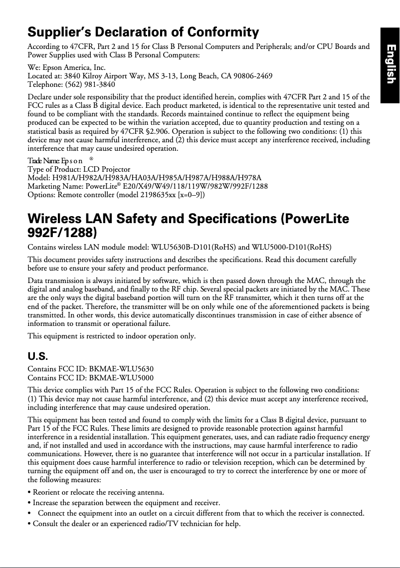 Página 1 del manual Información de garantía Epson PowerLite 982W