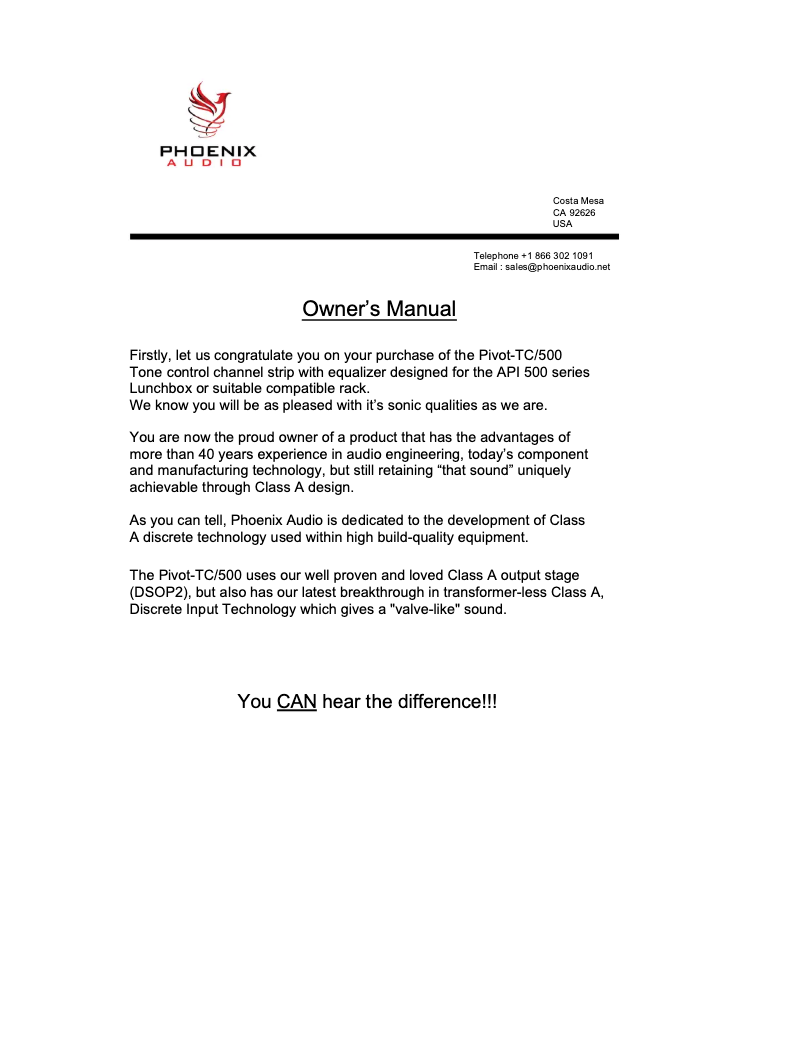 Page 1 de la notice Manuel utilisateur Phoenix Audio PIVOT-TC/500