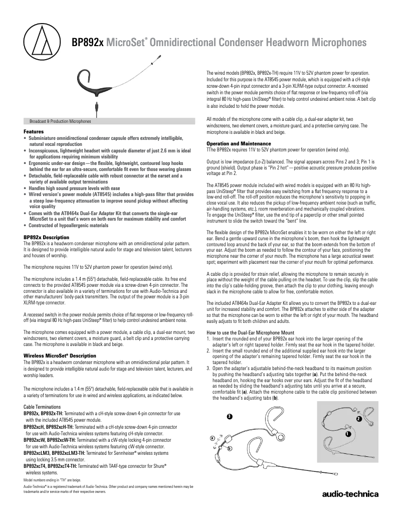 Página 1 del manual Ficha técnica Audio-Technica BP892x