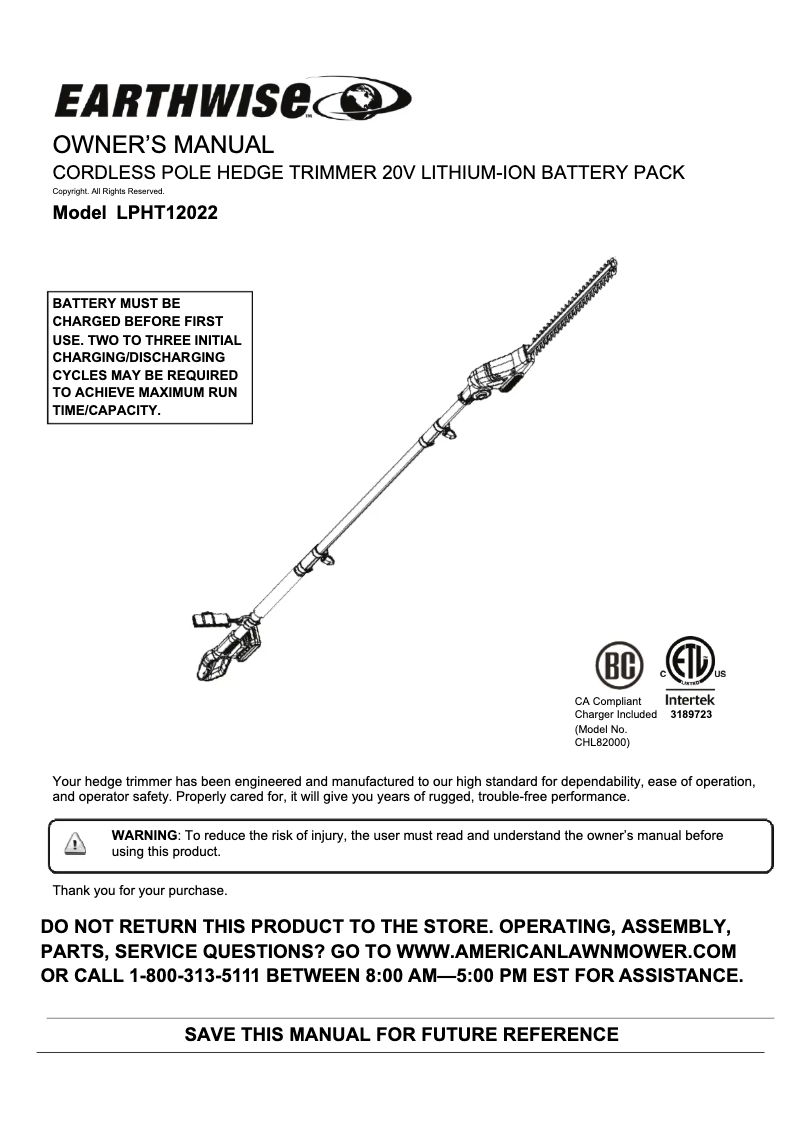 Page 1 de la notice Manuel utilisateur Earthwise LPHT12022