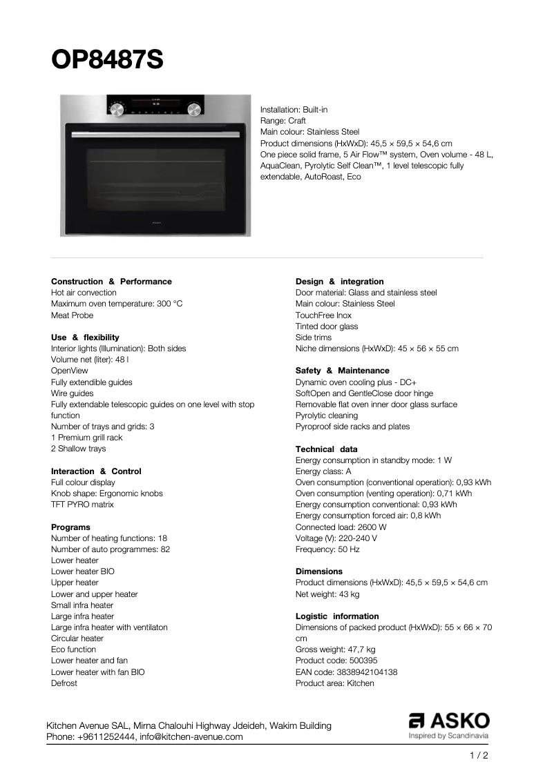 Page 1 de la notice Fiche technique Asko OP8487S